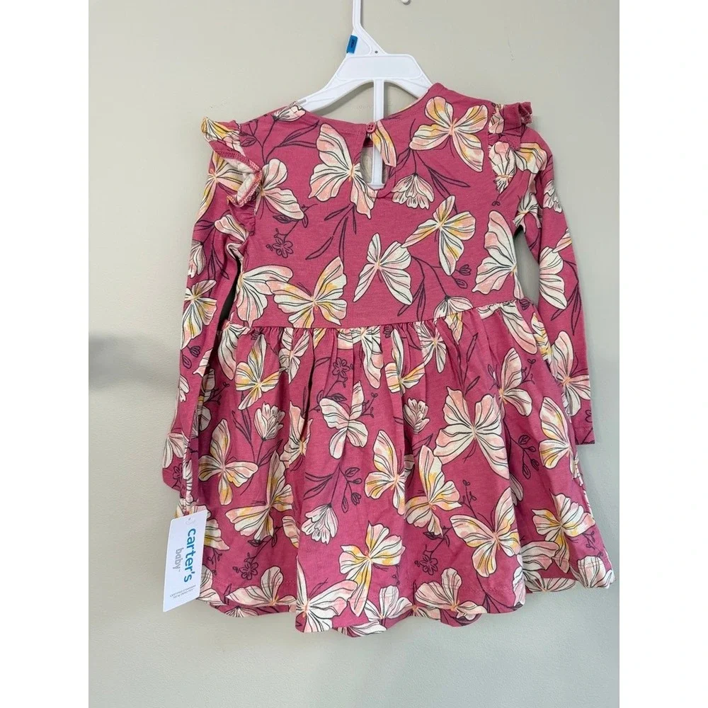 Carter's Butterfly Dress Baby Girl 24M Pink Ruffle Long Sleeve NWT